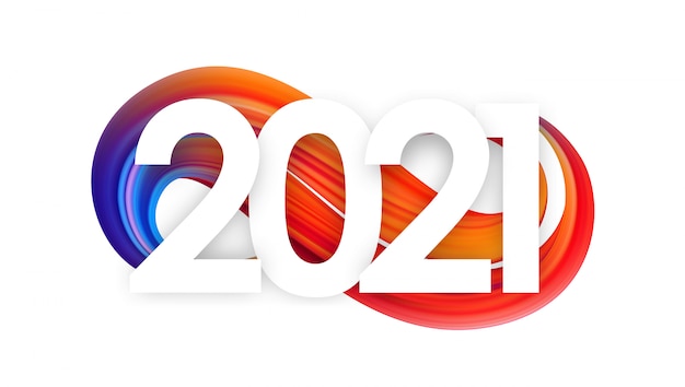 Feliz año nuevo. Número de 2021 en forma de trazo de pintura retorcida abstracta colorida.