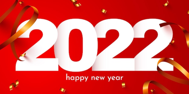 Feliz año nuevo números de vacaciones con diseño de cartel o banner festivo de confeti