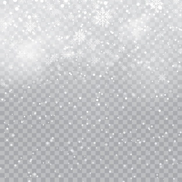 Feliz año nuevo o tarjeta de navidad con copos de nieve cayendo sobre fondo transparente vector