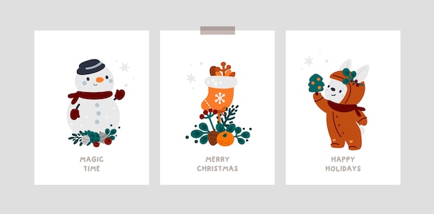 Feliz año nuevo o tarjetas de feliz Navidad con muñeco de nieve de dibujos animados, conejito y accesorios de invierno acogedores