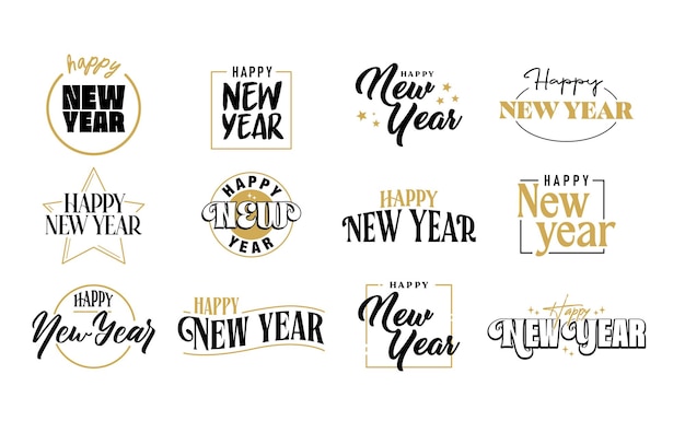 Feliz año nuevo oro y negro elegante diseño tipográfico