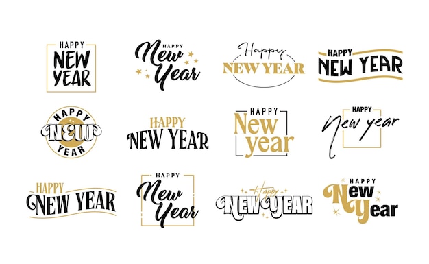 Feliz año nuevo oro y negro elegante diseño tipográfico