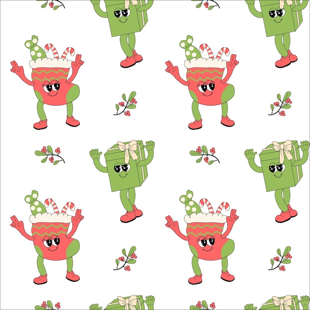 Feliz año nuevo patrón con elementos y2k personajes groovy fondo