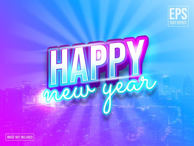 Feliz año nuevo plantilla editable de efecto de texto con color azul y morado.