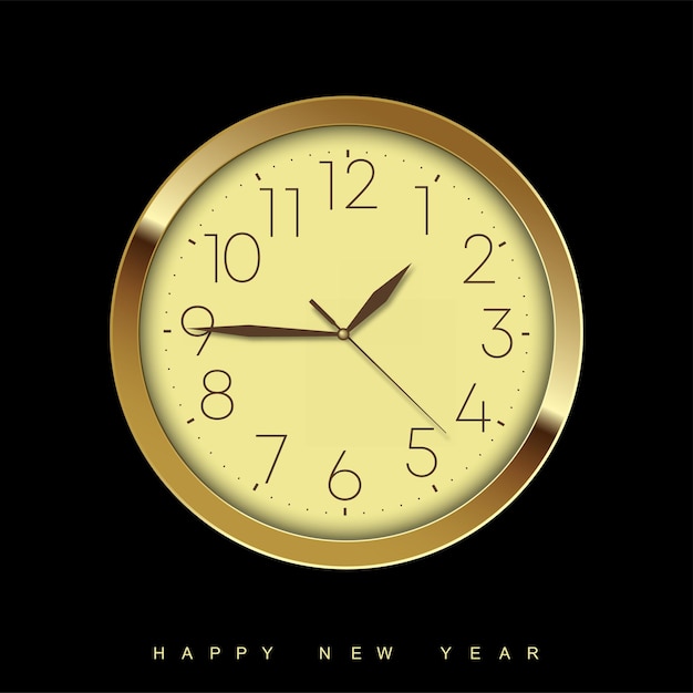 Feliz año nuevo con reloj dorado. ilustración vectorial