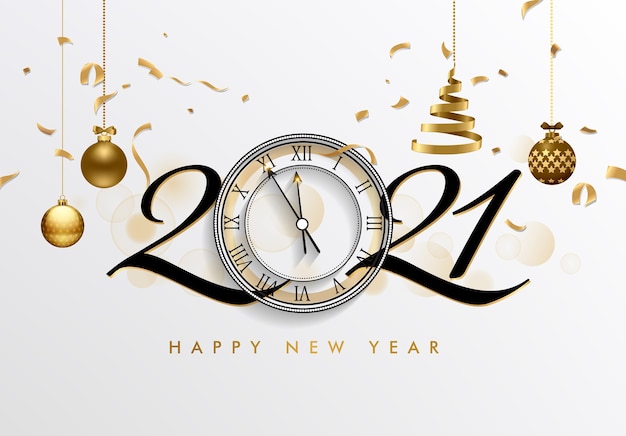 Feliz año nuevo con reloj y elementos festivos.