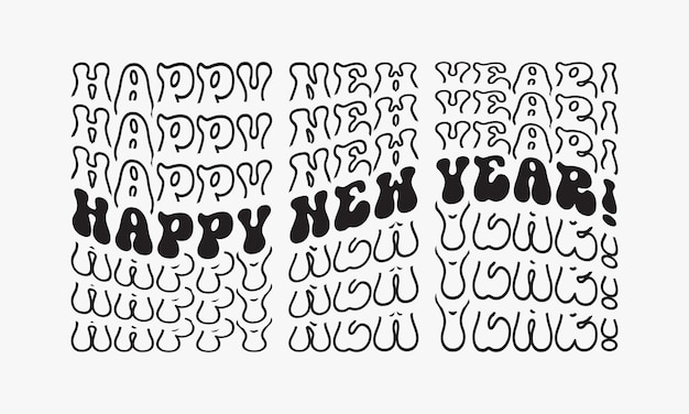 Feliz año nuevo repetir texto tipografía aislada groovy retro sobre fondo blanco