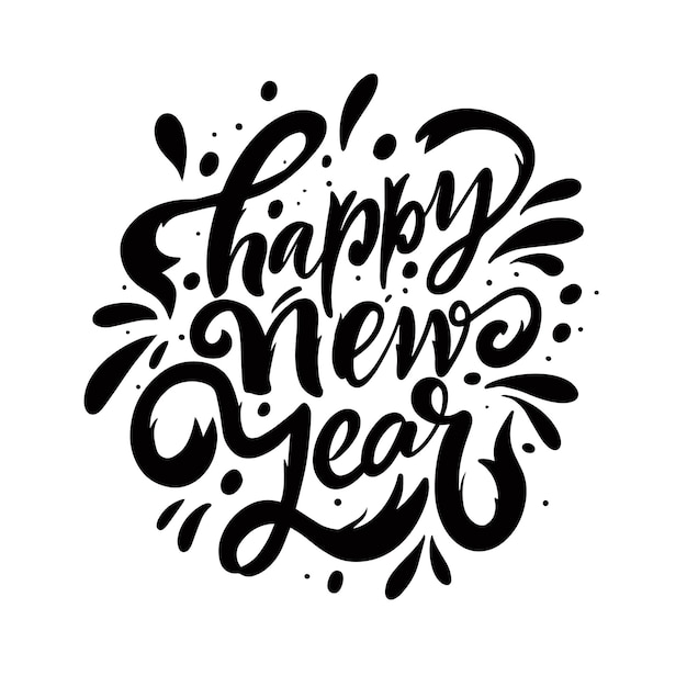 Feliz año nuevo saludo frase de vacaciones tipografía moderna letras texto de color negro aislado en blanco ...