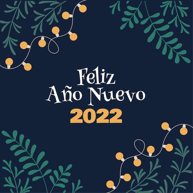 Vector feliz año nuevo tarjeta de felicitación intagram post hojas y luces de cadena