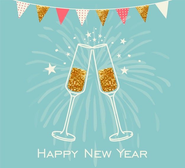 Feliz año nuevo tarjeta de felicitación línea arte ilustración vector diseño Banner con copas de champán