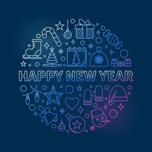 feliz año nuevo, tarjeta de felicitación, redondo, contorno, azul, diseño