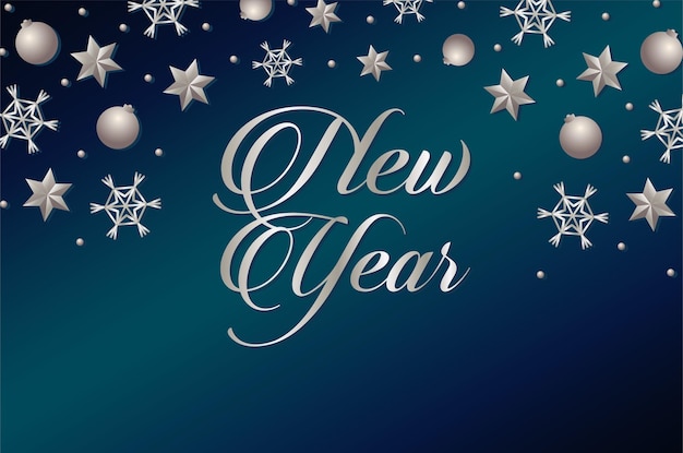 Feliz año nuevo tarjeta de letras con estrellas plateadas y bolas ilustración