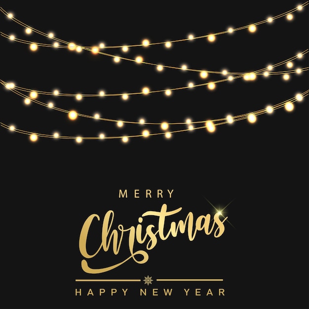 Feliz año nuevo y tarjeta de Navidad con luces de Navidad colgantes. Vector
