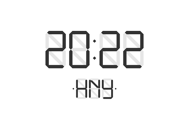 Feliz año nuevo tarjeta navideña con reloj de pantalla electrónica lcd digital número 2022 y HNY