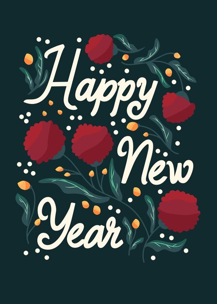 Feliz año nuevo tarjeta vertical con letras a mano con decoración navideña y estrellas Ilustración vectorial festiva colorida