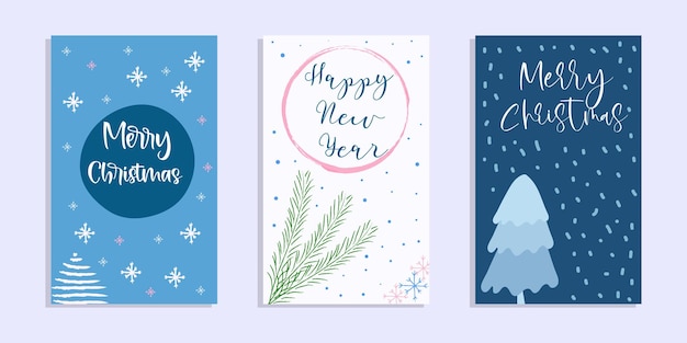 Feliz año nuevo y tarjetas de Navidad con elementos dibujados a mano