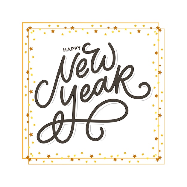 Vector feliz año nuevo texto de caligrafía negra en marco dorado