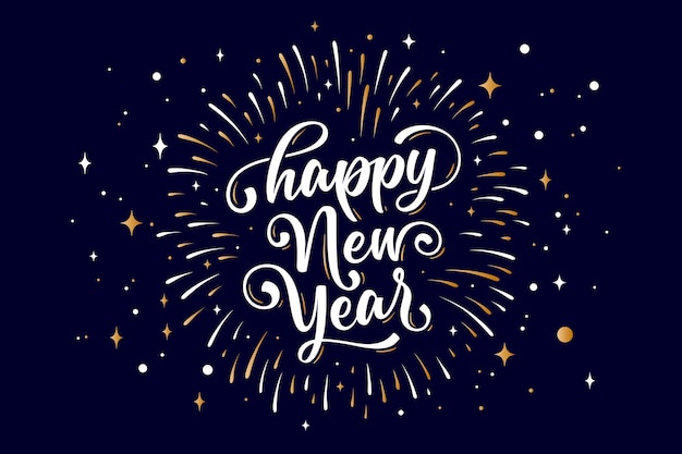 Feliz Año Nuevo. Texto de letras para Feliz Año Nuevo o Feliz Navidad. Tarjeta de felicitación, cartel, banner con texto feliz año nuevo. Fondo de vacaciones con fuegos artificiales gráficos dorados. Ilustración vectorial