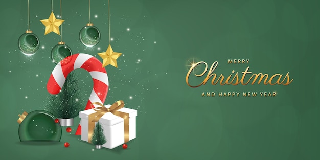 Feliz año nuevo trasfondo de dulces transparentes de Navidad con bolas y caja de regalos sembrados de nieve
