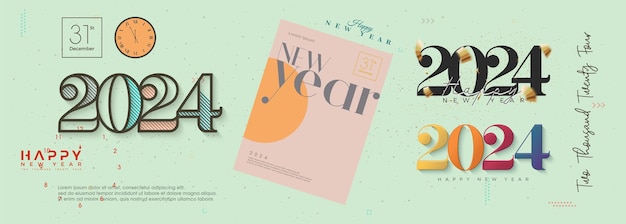 Feliz año nuevo vector 2024 En colores retro clásicos con números retro Diseño de fondo de vector Premium 2024