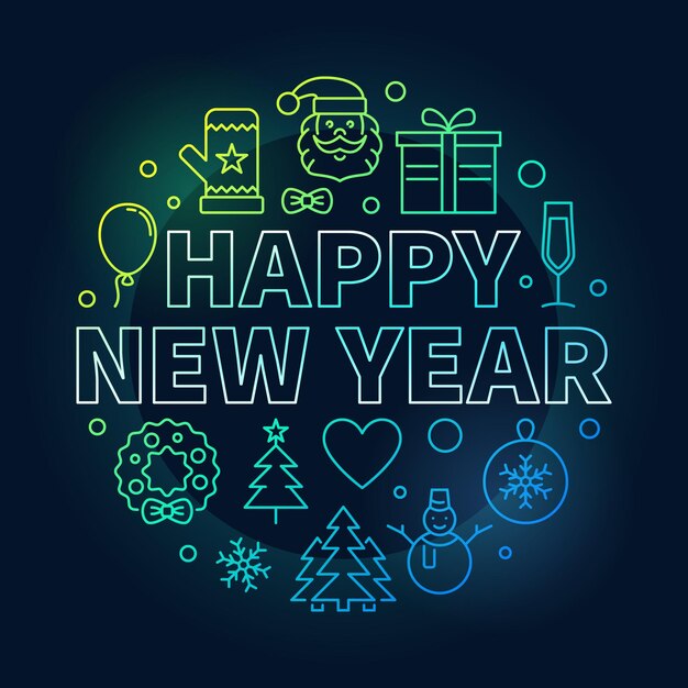 Feliz año nuevo vector ilustración de línea colorida redonda sobre fondo oscuro