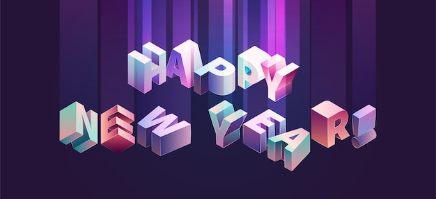 Feliz año nuevo vector tipografía isométrica en colores violetas y púrpuras con degradado