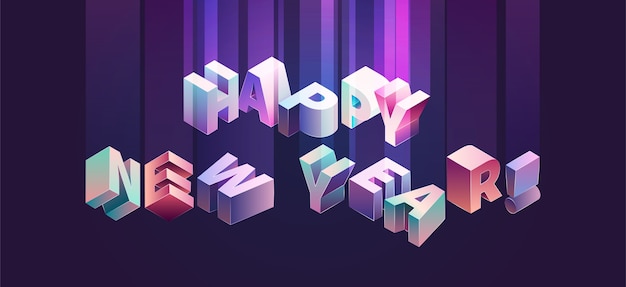 Vector feliz año nuevo vector tipografía isométrica en colores violetas y púrpuras con degradado