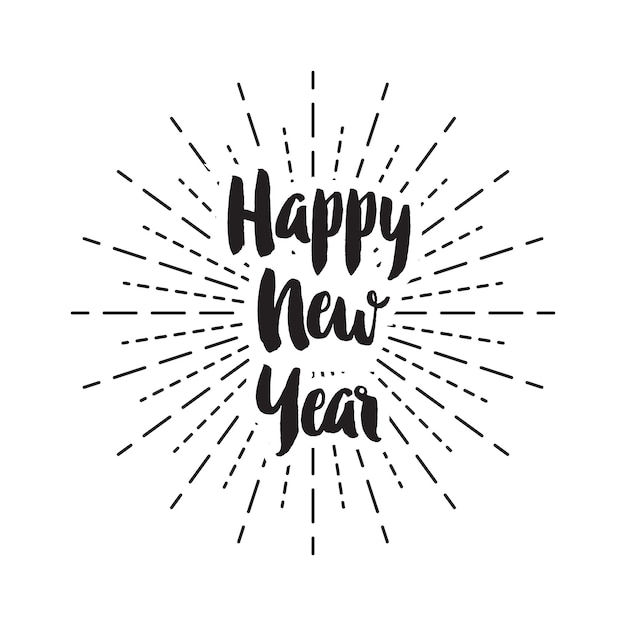 Feliz año nuevo vintage sun star burst diseño de letras