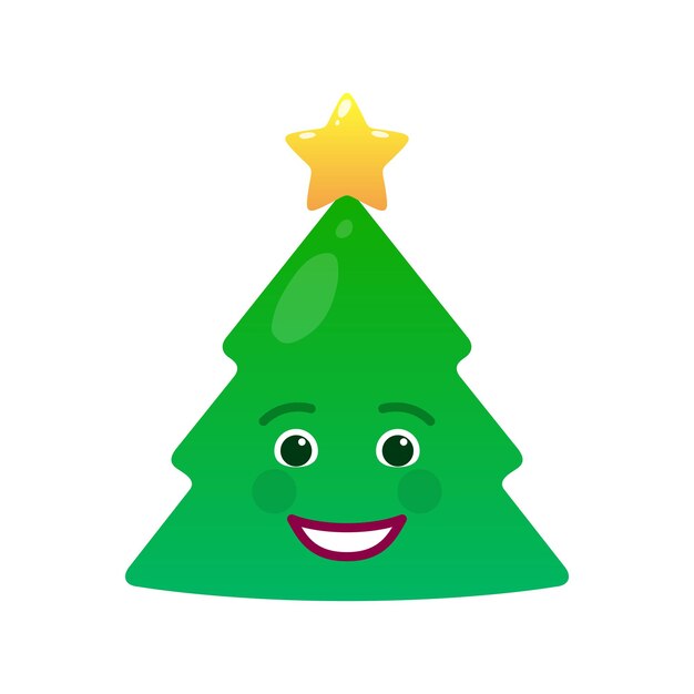 Feliz árbol de Navidad emoticono aislado Sonriente abeto verde con decoración emoji Feliz Navidad y próspero año nuevo elemento vectorial Cara alegre con expresión facial Símbolo de vacaciones de invierno