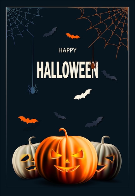 Feliz bandera de celebración de Halloween Invitación venta descuento volante con calabazas espeluznantes y volando