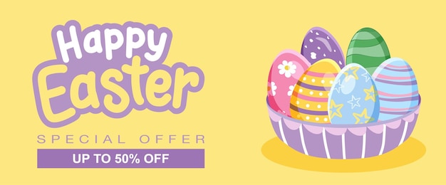 Feliz bandera de venta de Pascua con coloridos huevos de Pascua