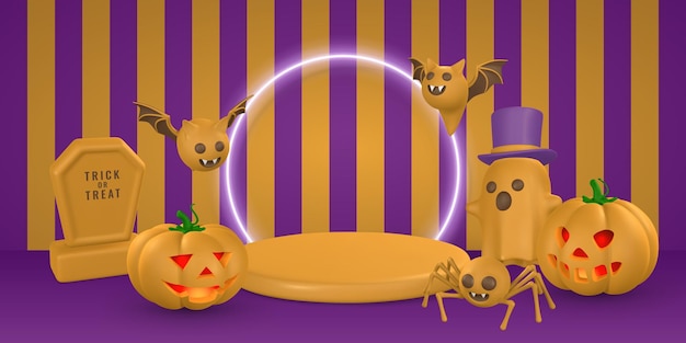 Vector feliz banner creativo de halloween cute dibujos animados 3d halloween calabaza fantasma lápida murciélago y araña concepto de halloween ilustración vectorial