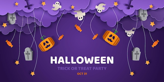 Feliz banner de Halloween o fondo de invitación a fiesta en estilo de corte de papel