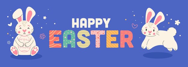 Feliz banner horizontal de moda de Pascua con conejitos