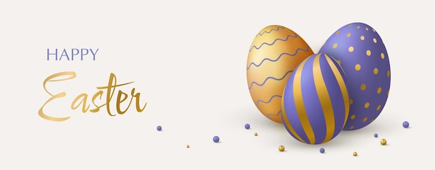 Feliz banner de vacaciones de Pascua Huevos 3d morados y dorados y bolas decorativas