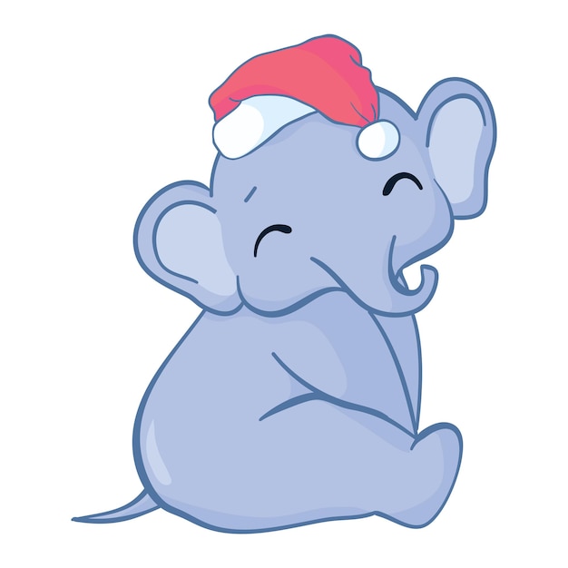 Feliz bebé elefante de Santa de dibujos animados celebrando la Navidad con un sombrero rojo de Santa Claus en la cabeza