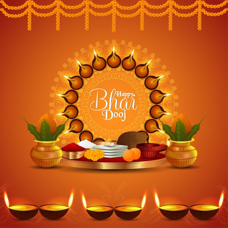 Vector feliz bhai dooj creative puja thali y kalash y diya