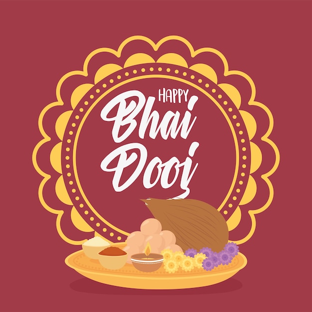 Vector feliz bhai dooj, cultura alimentaria mandala e ilustración de celebración familiar india