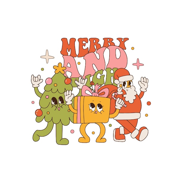 Feliz y brillante linda ilustración de invierno con caja de regalo de árbol de Navidad y personajes de santa retro