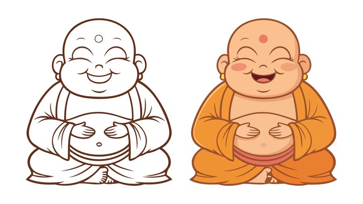 El feliz Buda de dibujos animados en túnica naranja