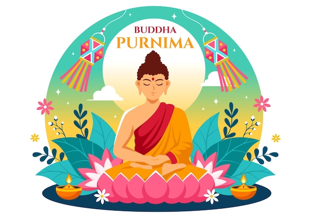 Feliz Buda Purnima Ilustración del Día de Vesak o el Festival Indio para la espiritualidad en una profunda meditación