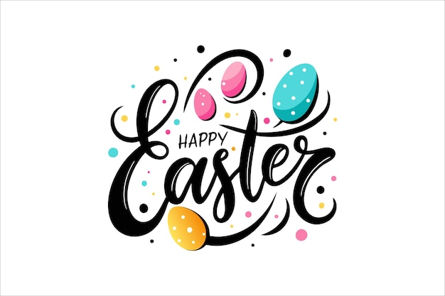 Feliz caligrafía de Pascua con huevos decorativos coloridos sobre fondo blanco