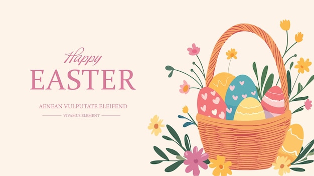 Feliz canasta de Pascua con huevos y conejo decorado con flores