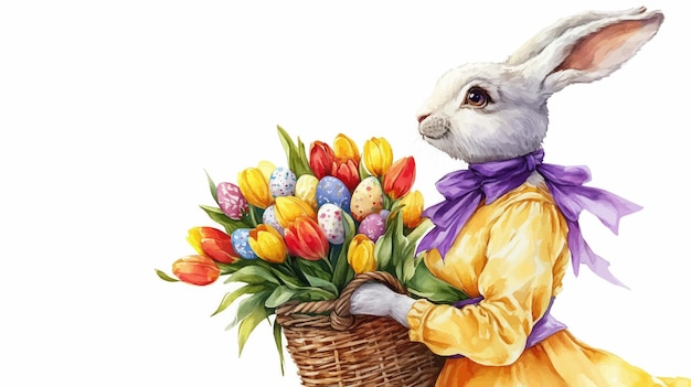 Feliz canasta de Pascua con huevos y conejo decorado con flores