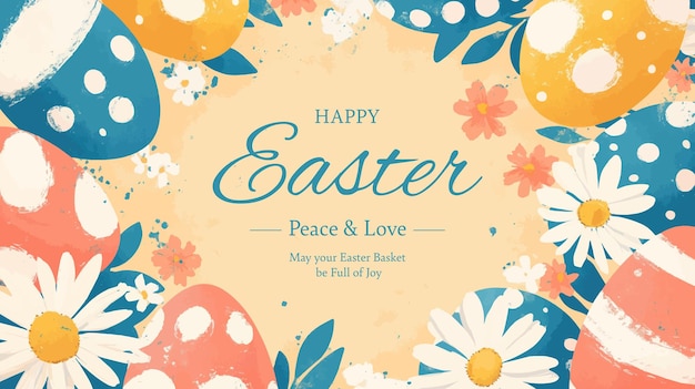 Feliz canasta de Pascua con huevos y conejo decorado con flores