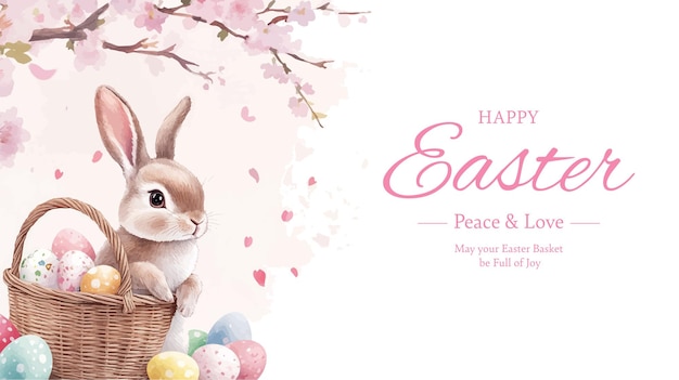 Feliz canasta de Pascua con huevos y conejo decorado con flores