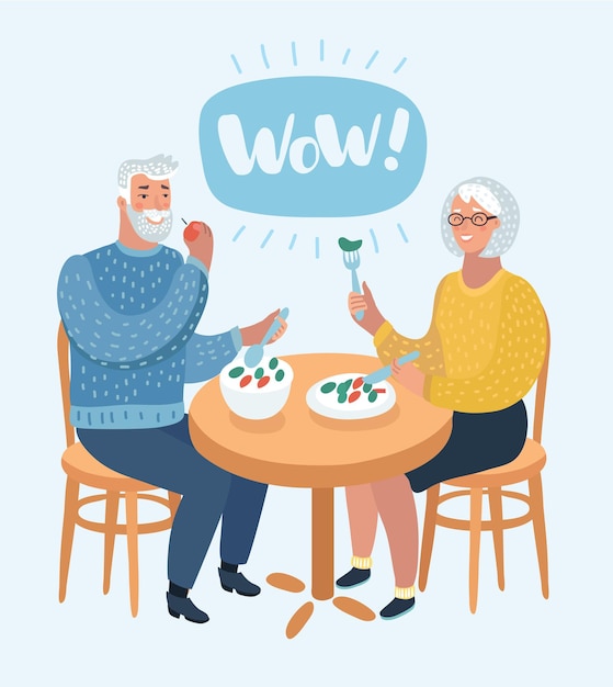 Feliz, caricatura, abuelos, un, pareja mayor, está, sentado, en, café, y, comida, helado