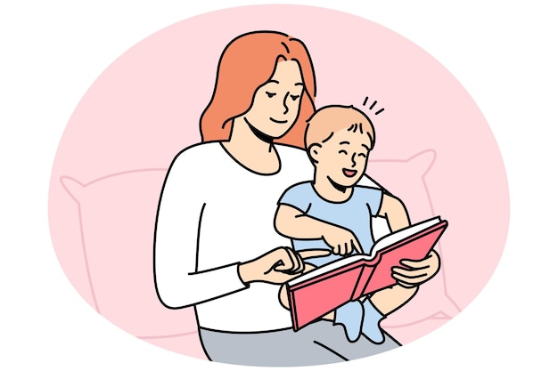 Feliz y cariñosa madre joven con un bebé pequeño leyendo un libro juntos Mamá amorosa sonriente juega con un niño pequeño en casa Concepto de maternidad Ilustración vectorial