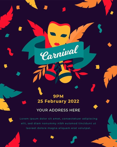 Feliz carnaval invitación máscara y trompetas