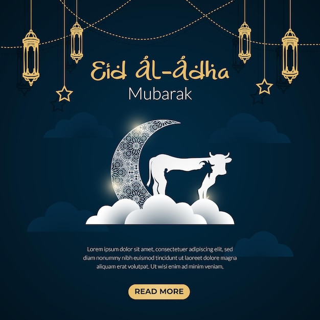 Vector feliz cartel de celebración de eid al adha mubarak con luna y cabra vaca sobre fondo de color azul noche